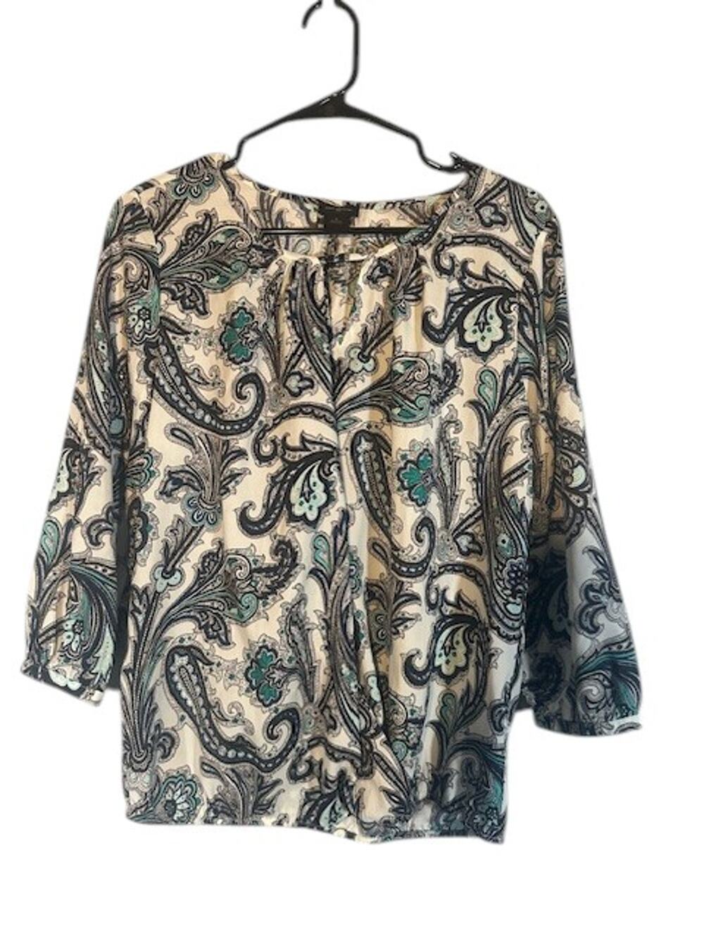 Ann Taylor Paisley Print Dress Blouse with Long Sleeves Blue & White Women Small